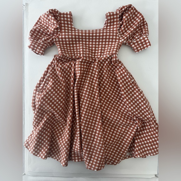 Remi Girl Gingham Rust/White Cotton Dress, Girls Size 6, Puff Sleeves - Picture 9 of 9